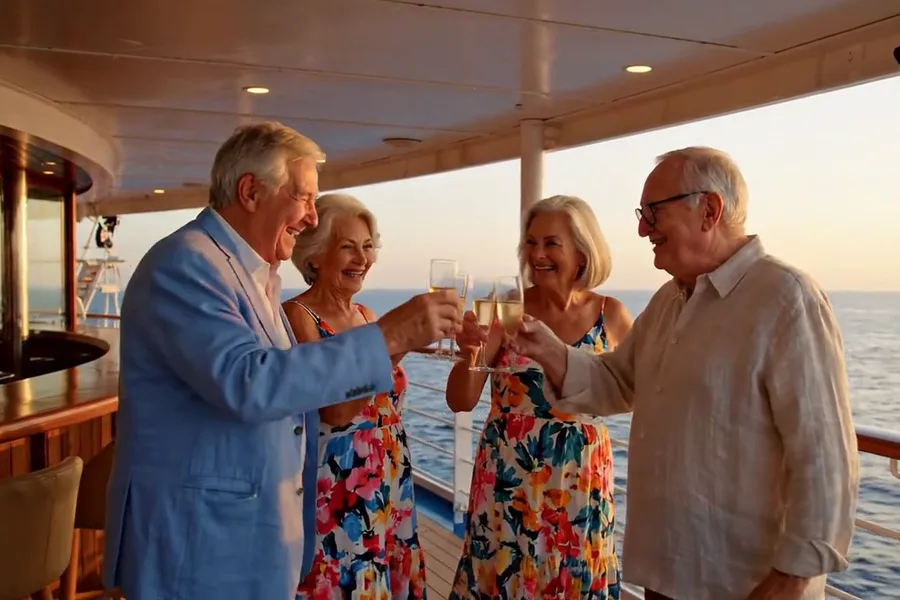 Four retirees laughing and raising glasses on the deck of a cruise ship at sunset