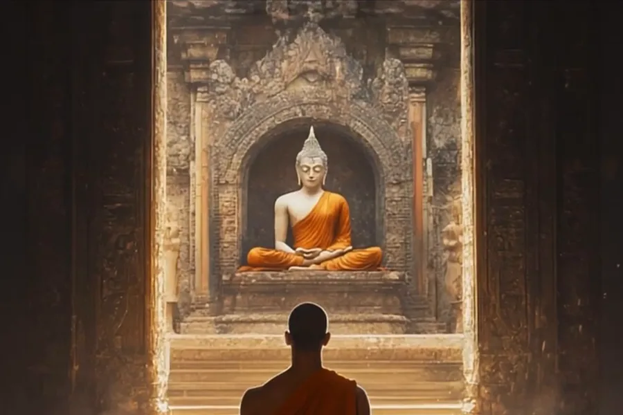 A person sitting in quiet reflection before a golden temple