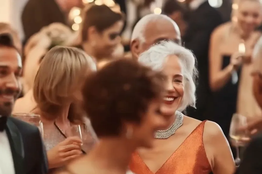 Elders in evening wear smiling together at a gala
