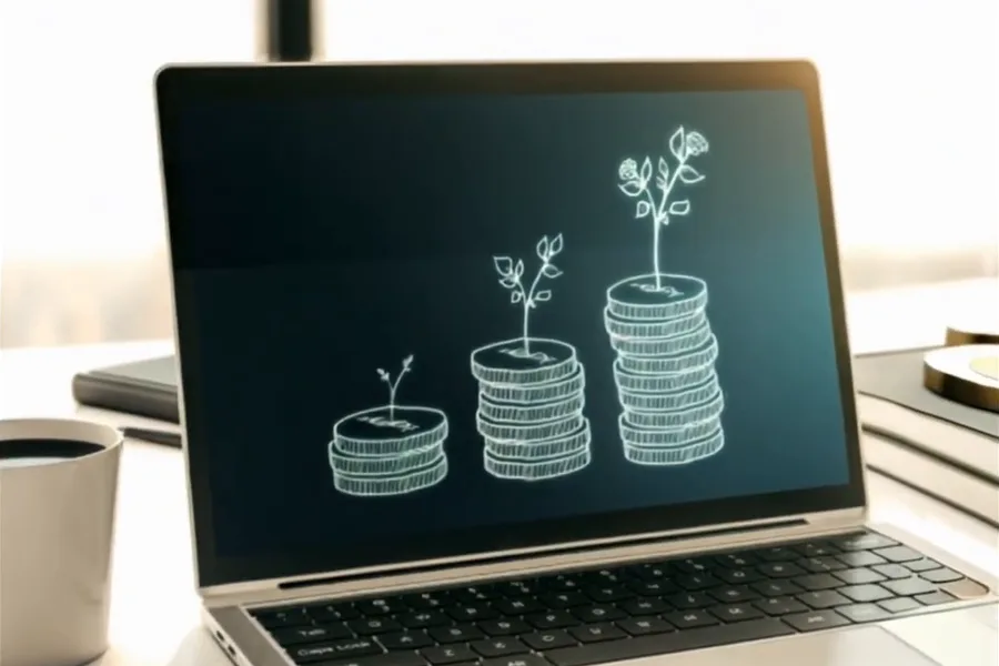A laptop showing stacks of coins growing like plants